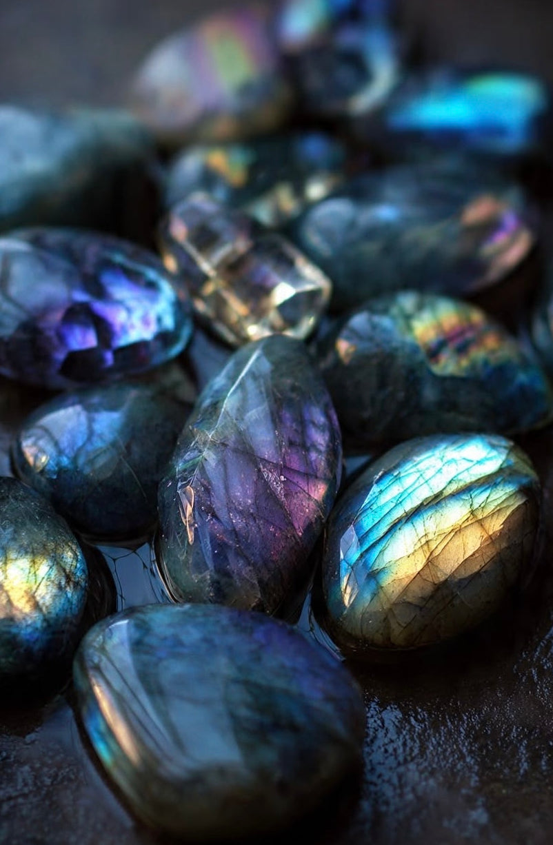 Arima Bijoux a sélectionné la mystérieuse labradorite, une pierre aux reflets irisés changeants selon la lumière 