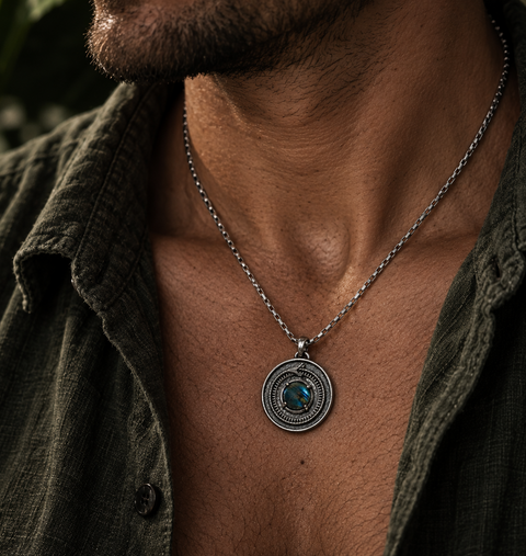 Le collier Ouros d’Arima Bijoux en argent 925 - symbole du serpent , cycle infini de la vie- labradorite en son centre 