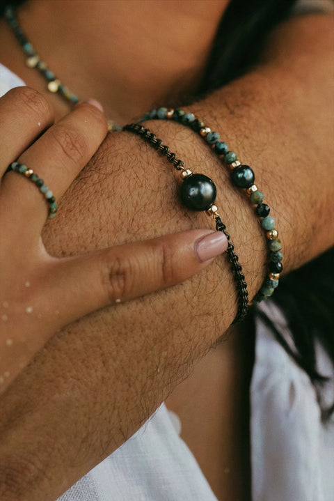 Bracelets unisexe en perles de Tahiti et pierres semi-précieuses de jaspe africaine
